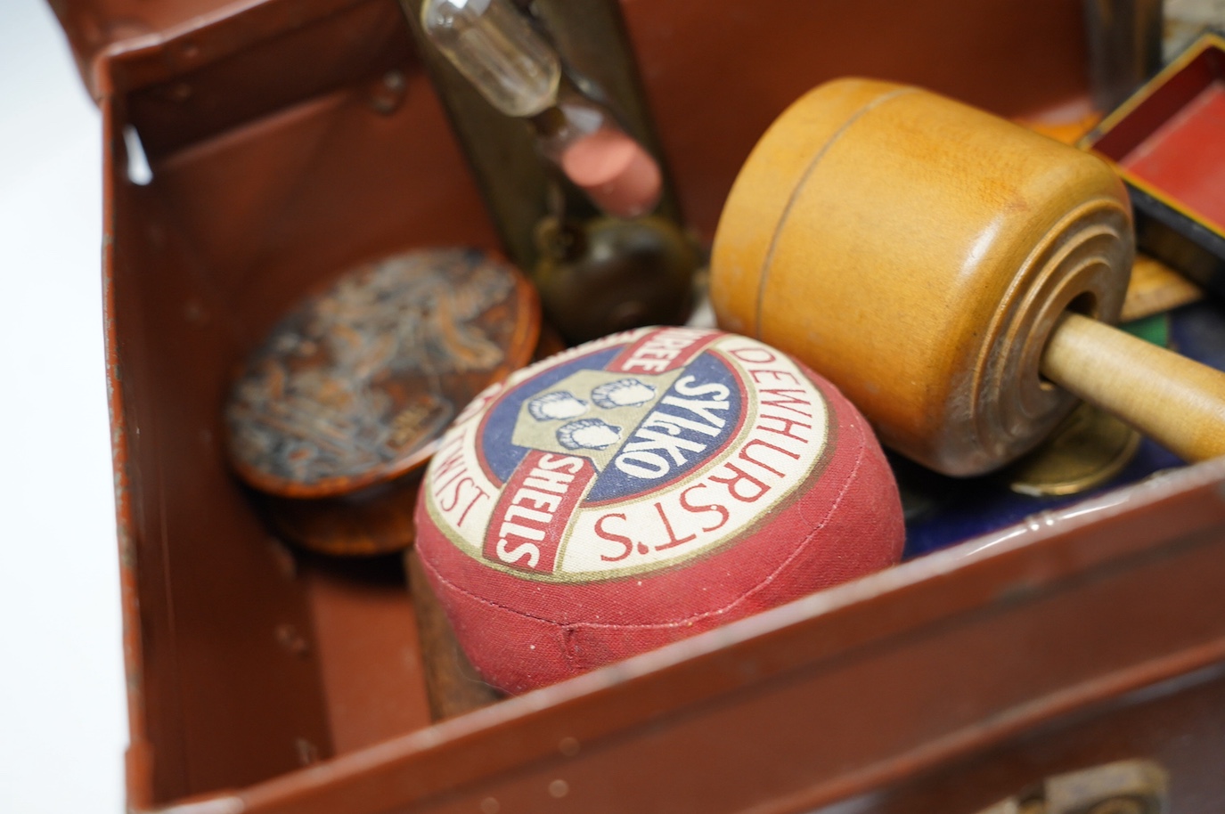 A quantity of 19th century and later collectables to include a circular burr wood snuff box, framed medals, a tortoiseshell snuff box and sundries. Condition - fair